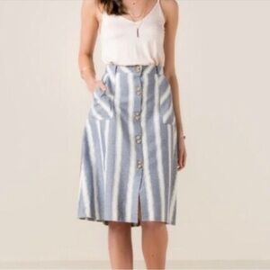 Alya Fit and Flare Navy Striped Cotton Midi Skirt Sz Medium Button Front